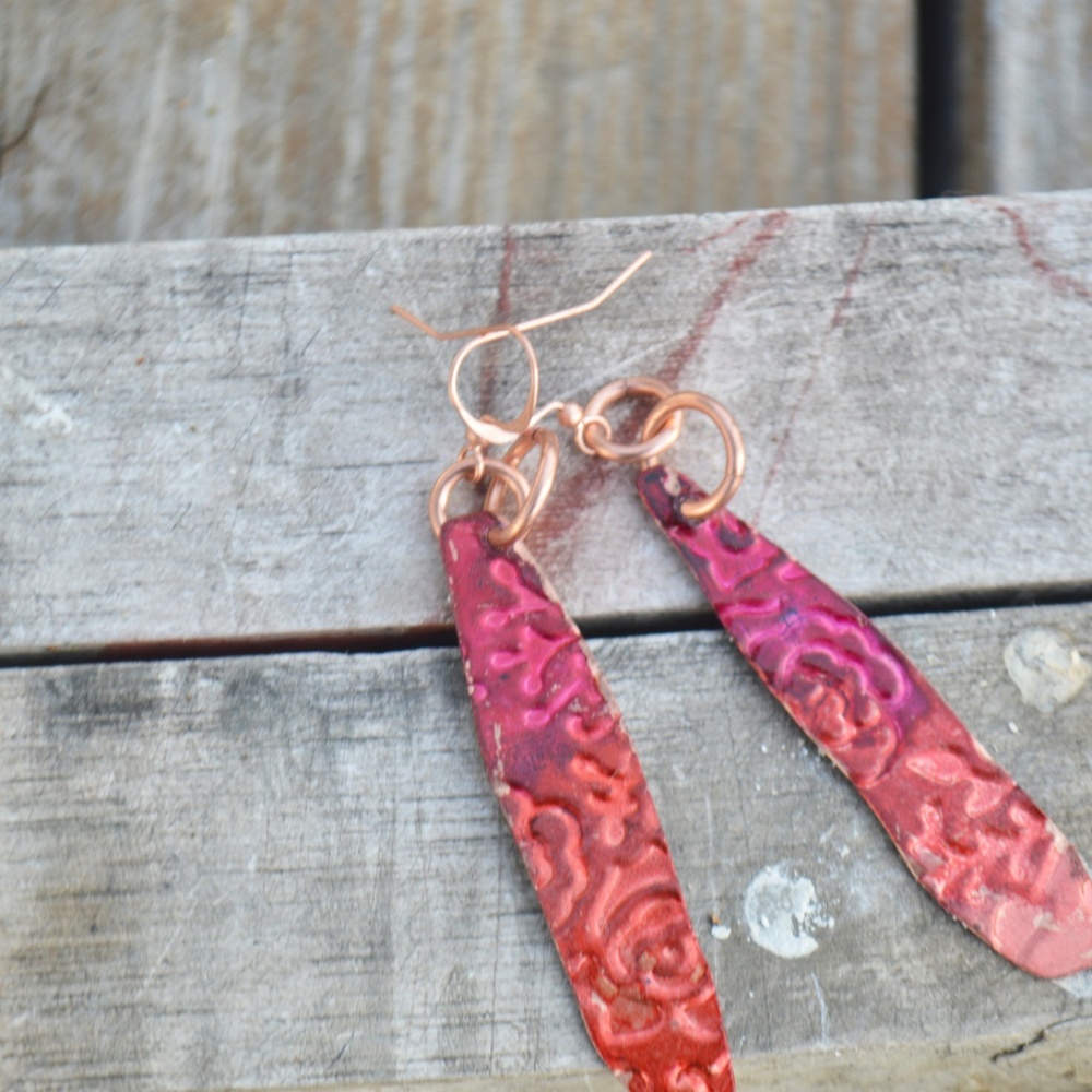 Pink Purple Floral Roses Long Copper Earrings Drop - Picture 3 of 3